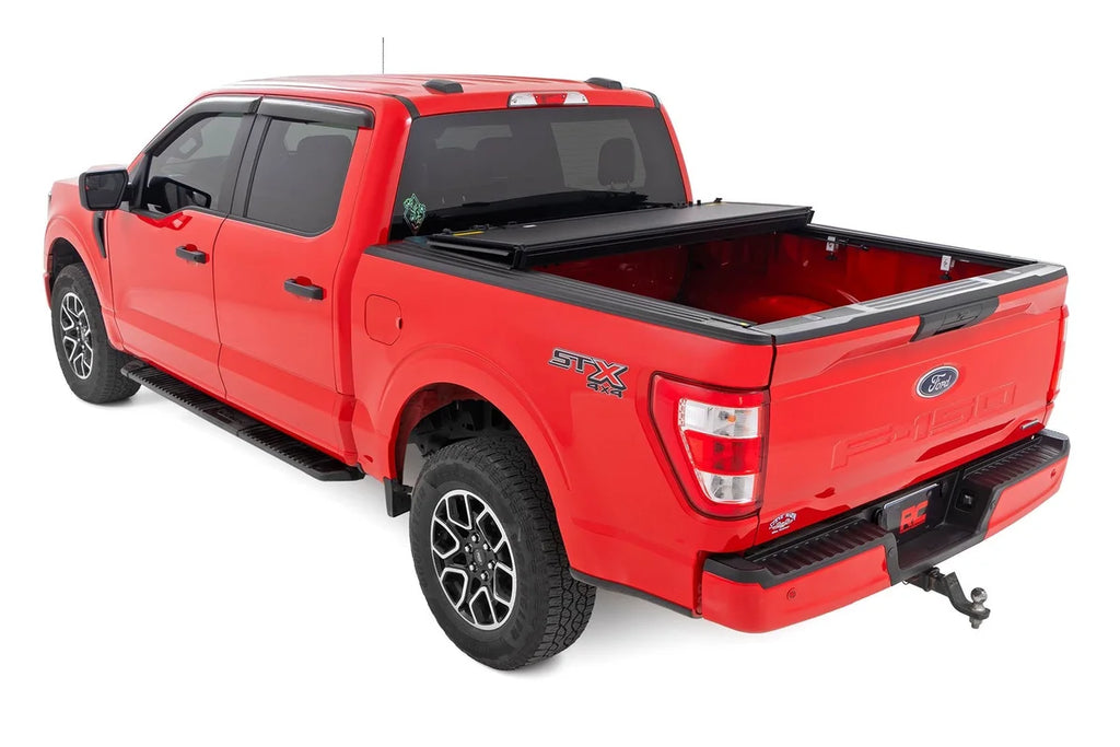 Rough Country Hard Tri-Fold Flip Up Bed Cover | 6'7" Bed | Ford F-150 2WD/4WD (2015-2020) - Installation View