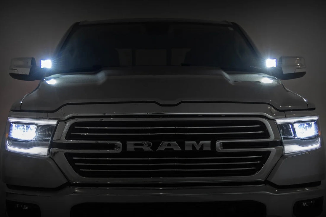 Rough Country LED Light Kit | Ditch Mount | 2" Black Pair | Amber DRL | Ram 1500 (19-26) - Installation View
