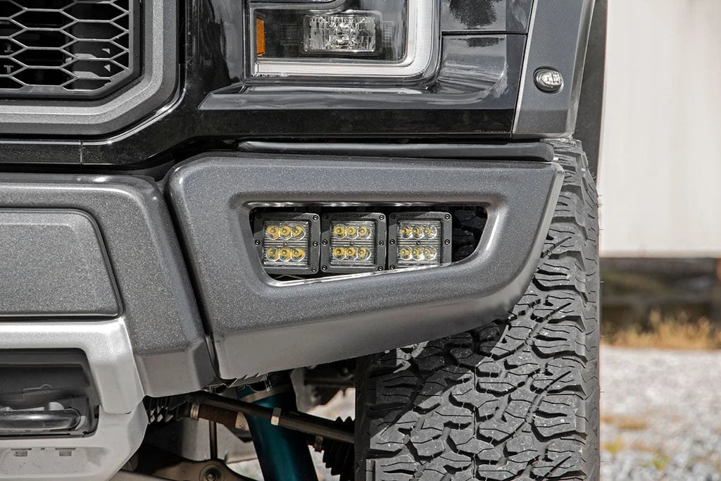 Rough Country LED Light Kit | Fog Mount | Triple 2" Black Pair | White DRL | Ford Raptor (17-20) 70700DRL - Installation View