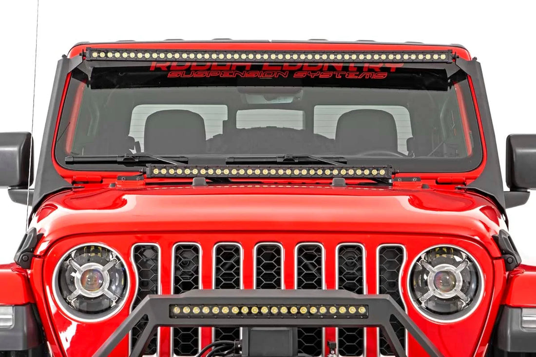 Rough Country LED Light Kit | Windshield | 50" BLK Single Row | WHT DRL | Jeep Gladiator JT/Wrangler JL (18-24) 70066 - Ad...