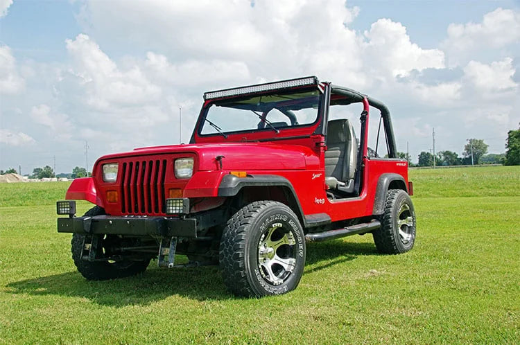 Rough Country LED Light Mount | Upper Windshield | 50" Straight | Jeep Wrangler YJ (87-95) 70508 - Installation View