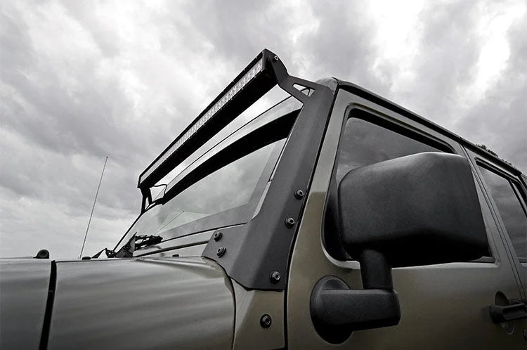 Rough Country LED Light | Windshield Mnt | 50" Black Dual Row | White DRL | Jeep Wrangler JK (07-18) 70504BLDRL - Installa...