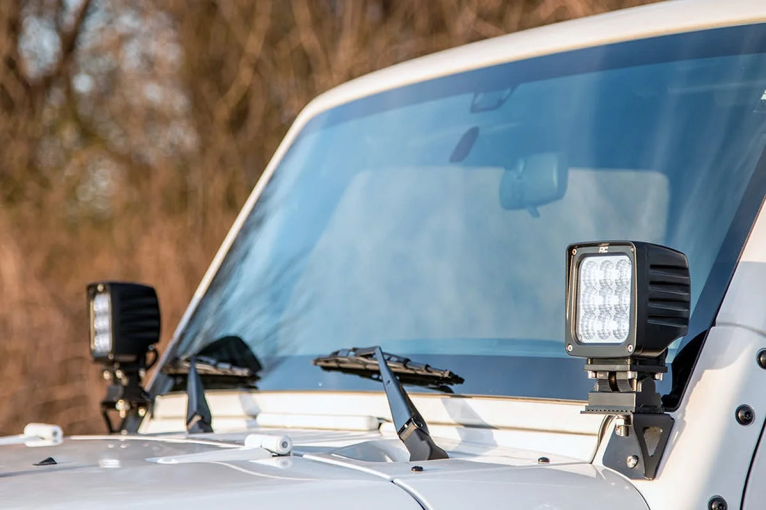 Rough Country Light Mounts | Lower Windshield | Jeep Wrangler JK/Wrangler Unlimited  (07-18) 6004 - Installation View