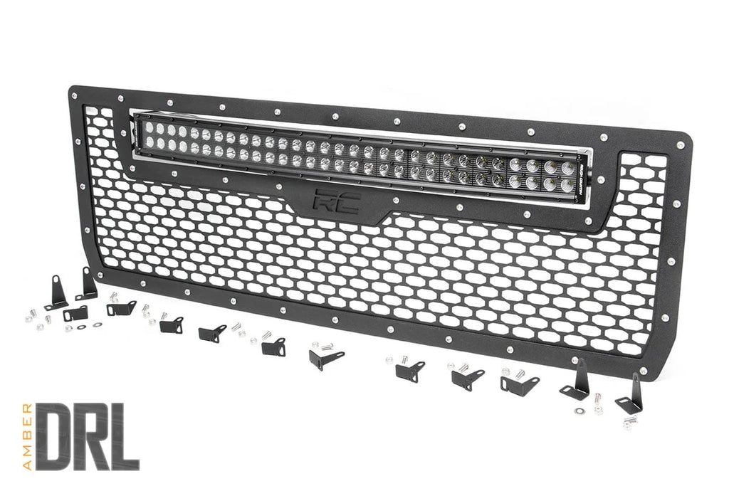 Rough Country Mesh Grille | 30" Dual Row LED | Black | Amber DRL | GMC Sierra 1500 (14-15) 70190BDA - Main Product View