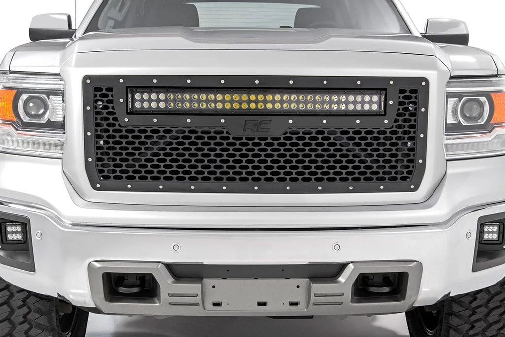 Rough Country Mesh Grille | 30" Dual Row LED | Black | Amber DRL | GMC Sierra 1500 (14-15) 70190BDA - Installation View