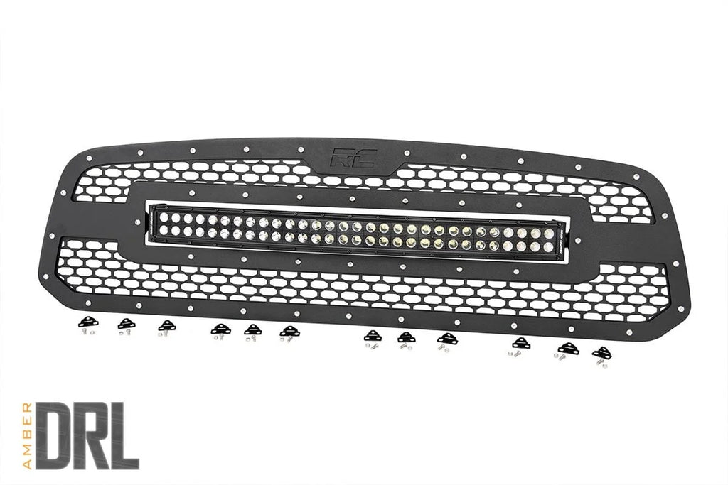 Rough Country Mesh Grille | 30" Dual Row LED | Black | Amber DRL | Ram 1500 2WD/4WD (13-18 & Classic) 70199BDA - Main Prod...