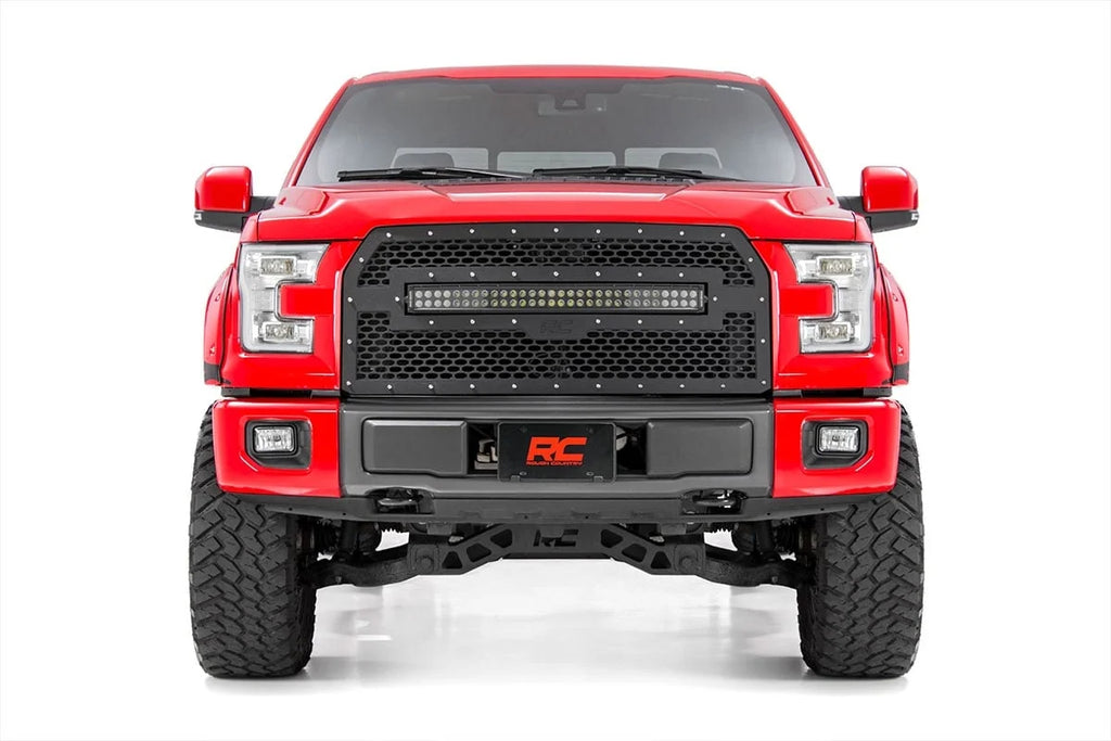 Rough Country Mesh Grille | 30" Dual Row LED | Black Ser | Ford F-150 2WD/4WD (2015-2017) 70193DRL - Installation View