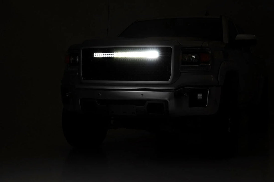 Rough Country Mesh Grille | 30" Dual Row LED | Black | White DRL | GMC Sierra 1500 (14-15) 70190DRL - Additional View 6
