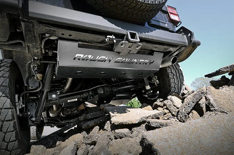 Rough Country Muffler Skid Plate | Jeep Wrangler JK/Wrangler Unlimited  (2007-2018) 779 - Installation View