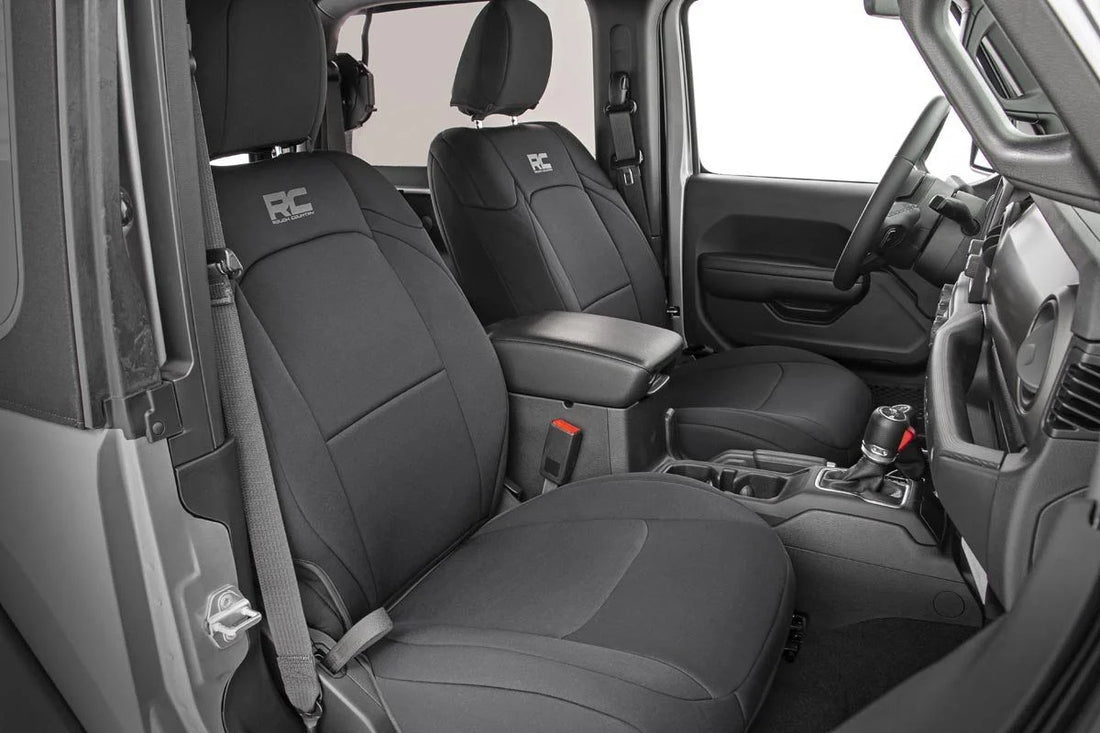 Rough Country Seat Covers | Front and Rear w/ Armrest | Jeep Wrangler Unlimited 4WD (18-24) 91012 - Installation View