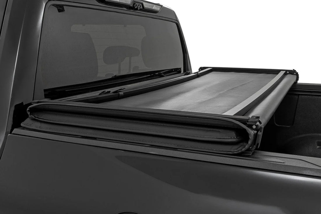 Rough CountrySoft Tri-Fold Bed Cover | 5'7" Bed | with and w/o OE Rail | Toyota Tundra (22-25)41419560A - Installation View