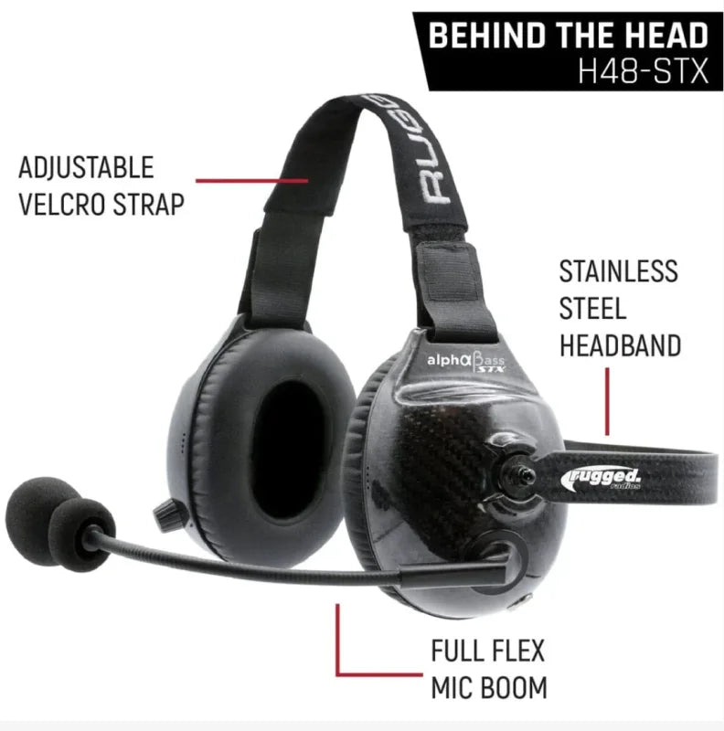 Rugged Radios AlphaBass Carbon Fiber Headset for STEREO and OFFROAD Intercoms Behind The Head - Main Product View