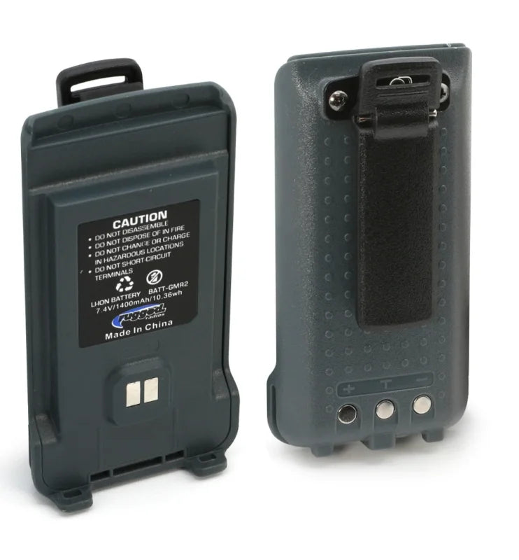 Rugged Radios GMR2 Replacement Lithium Battery w/12v Charge Port and Belt Clip Grey - Side View