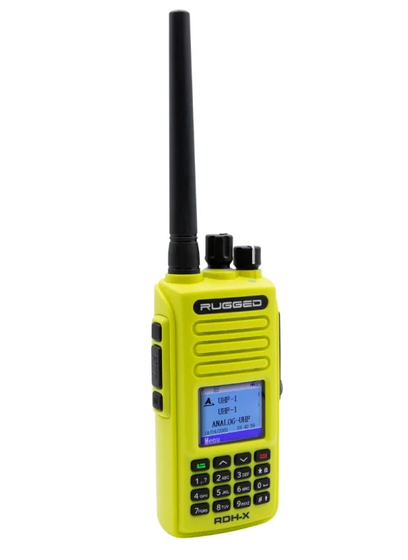 Rugged Radios WATERPROOF - Rugged RDH-X - Bus Band 2-Way Radio - Digital and Analog / Safety Yellow - Side View