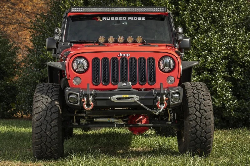 Rugged Ridge 07-18 Jeep Wrangler JK Arcus Front Bumper Set w/Tray & Hooks - Back View