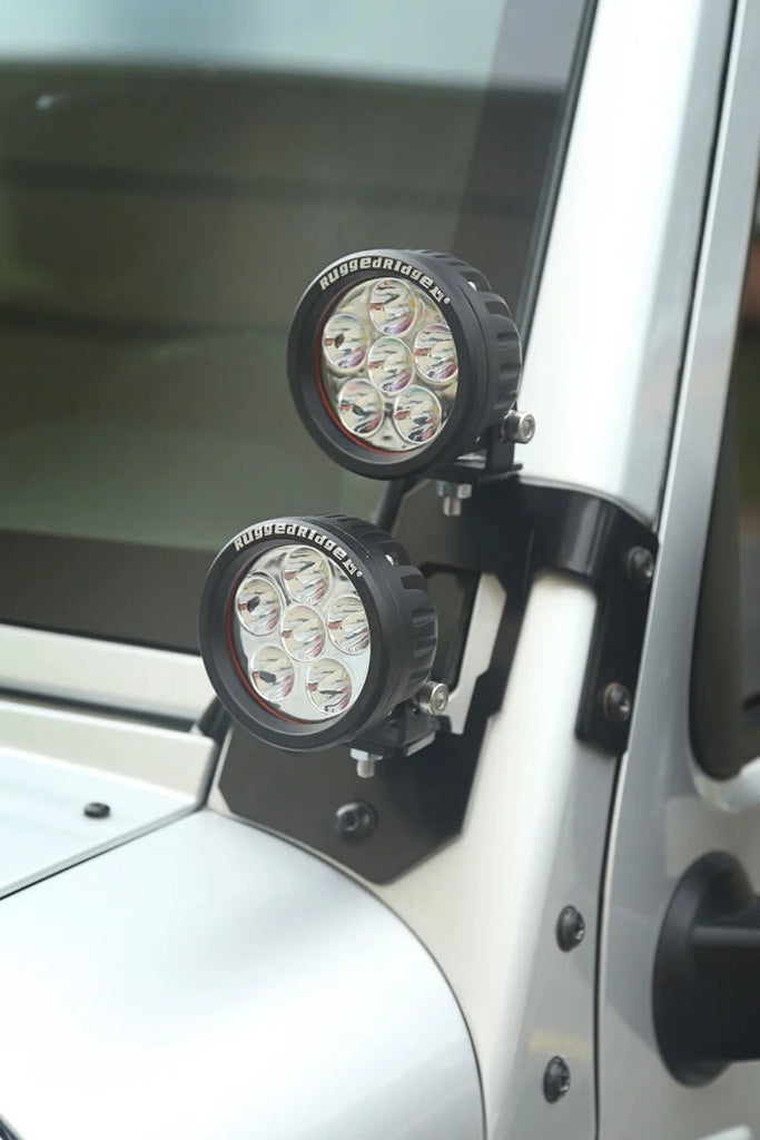 Rugged Ridge 07-18 Jeep Wrangler JK Semi-Gloss Black Round A-Pillar LED Light Mount Kit - Side View