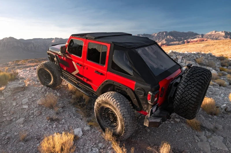 Rugged Ridge 2018+ Jeep Wrangler JLU 4 Dr Black Diamond Stitch Cloth Voyager Top (Tinted) - Back View