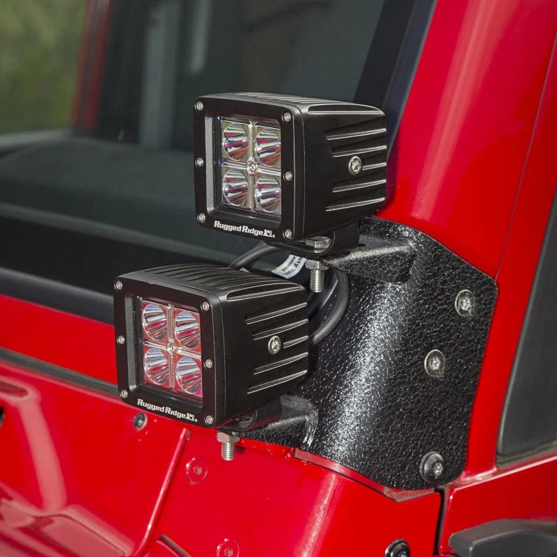 Rugged Ridge 97-06 Jeep Wrangler TJ/LJ 3in Square Dual A-Pillar LED Kit - Detail View