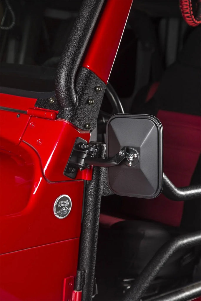 Rugged Ridge 97-18 Jeep Wrangler Textured Black Rectangular Stubby Trail Mirror Kit - Side View