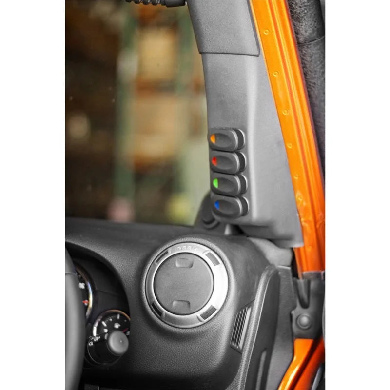Rugged Ridge A-Pillar 4 Switch Pod Black RHD 11-18 Jeep Wrangler JK - Side View