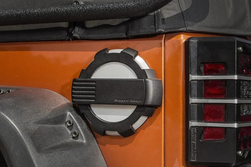 Rugged Ridge Elite Fuel Door Non-Lock Brushed Alum 07-18 Jeep Wrangler JK - Side View