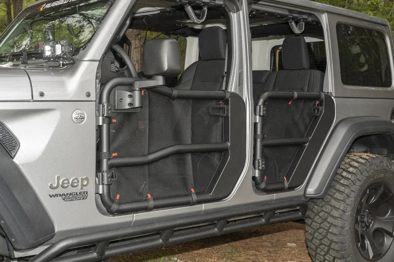 Rugged Ridge Fortis Tube Door Covers Rear Pair Black 18-20 Jeep Wrangler JLU - Installation View