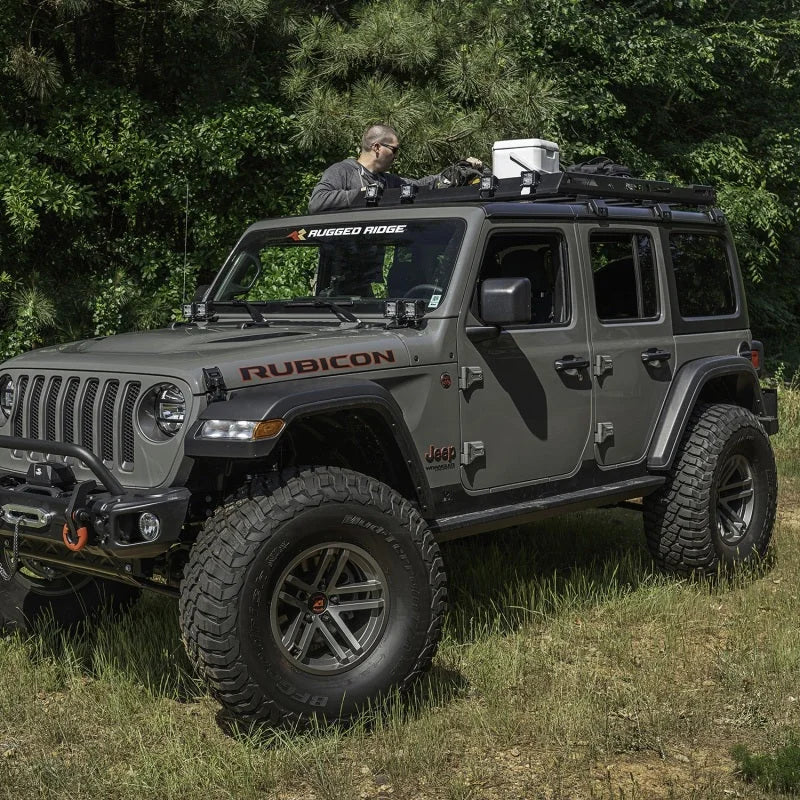 Rugged Ridge Roof Rack with Basket 18-20 Jeep Wrangler JL 4Dr Hardtops - Side View