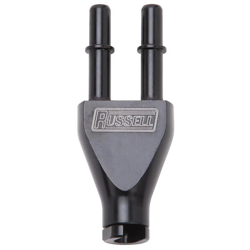Russell Adapter Y-Block 3/8in Sae Quick Disconnect Female To 2X 3/8in Sae Qd Male Blk Anodized - Main Product View