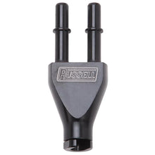 Load image into Gallery viewer, Russell Adapter Y-Block 3/8in Sae Quick Disconnect Female To 2X 3/8in Sae Qd Male Blk Anodized - Main Product View