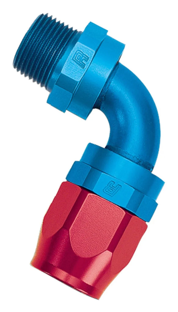 Russell Performance -10 AN Red/Blue 90 Deg Full Flow Swivel Pipe Thread Hose End (With 1/2in NPT) - Main Product View
