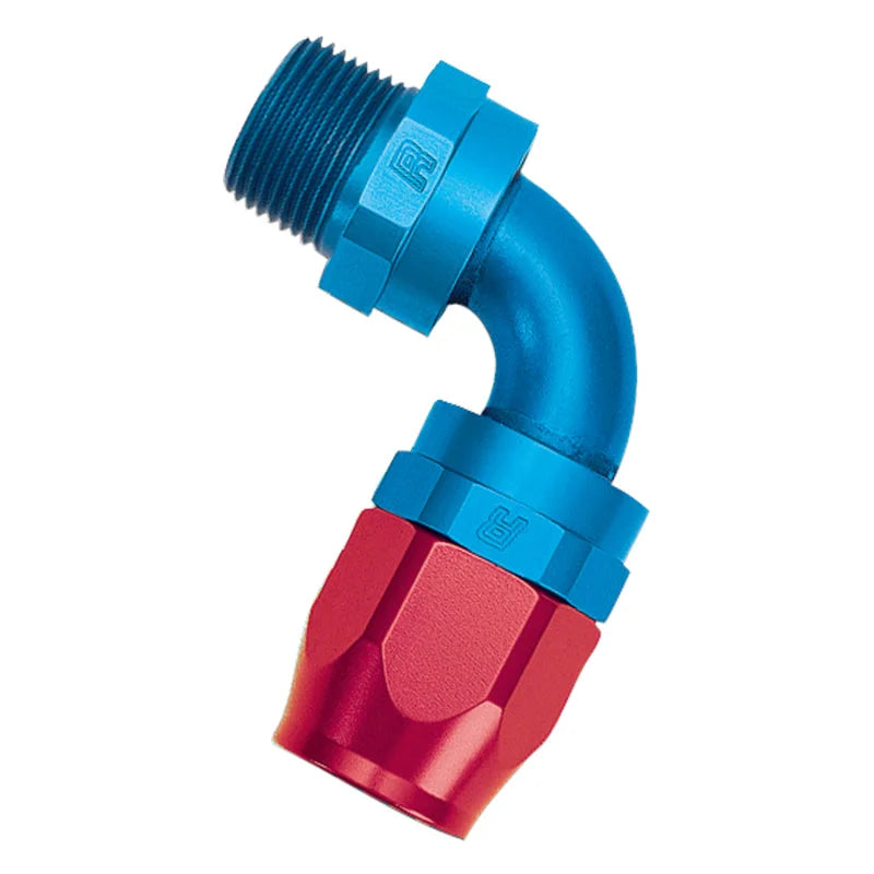 Russell Performance -10 AN Red/Blue 90 Deg Full Flow Swivel Pipe Thread Hose End (With 1/2in NPT) - Back View