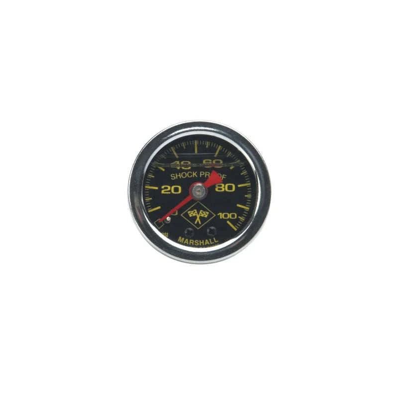 Russell Performance 100 psi fuel pressure gauge black face chrome case (Liquid-filled) - Side View