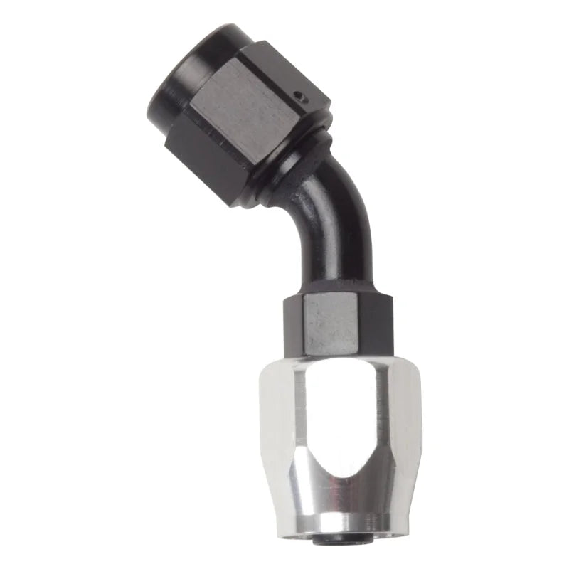 Russell Performance -12 AN Black/Silver 45 Degree Full Flow Hose End - Side View