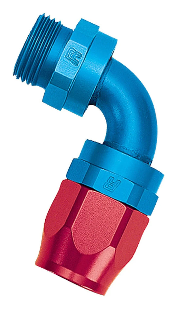 Russell Performance -12 AN Red/Blue 90 Deg Swivel Dry Sump Hose End (-12 Port 1-1/16in-12 Thread) - Back View