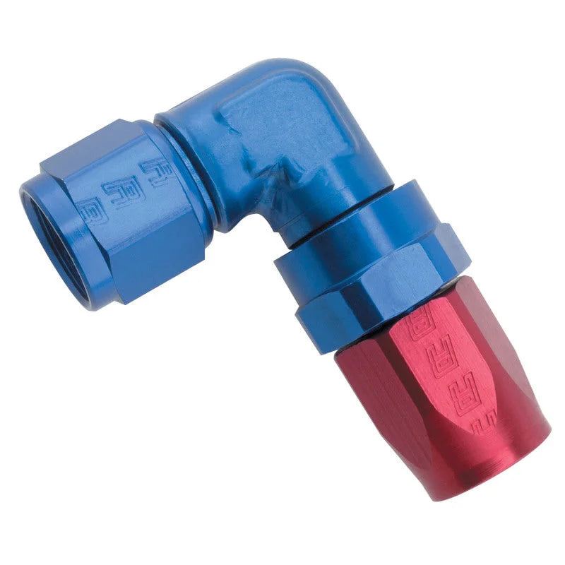 Russell Performance -12 AN Red/Blue 90 Degree Forged Aluminum Swivel Hose End - Side View