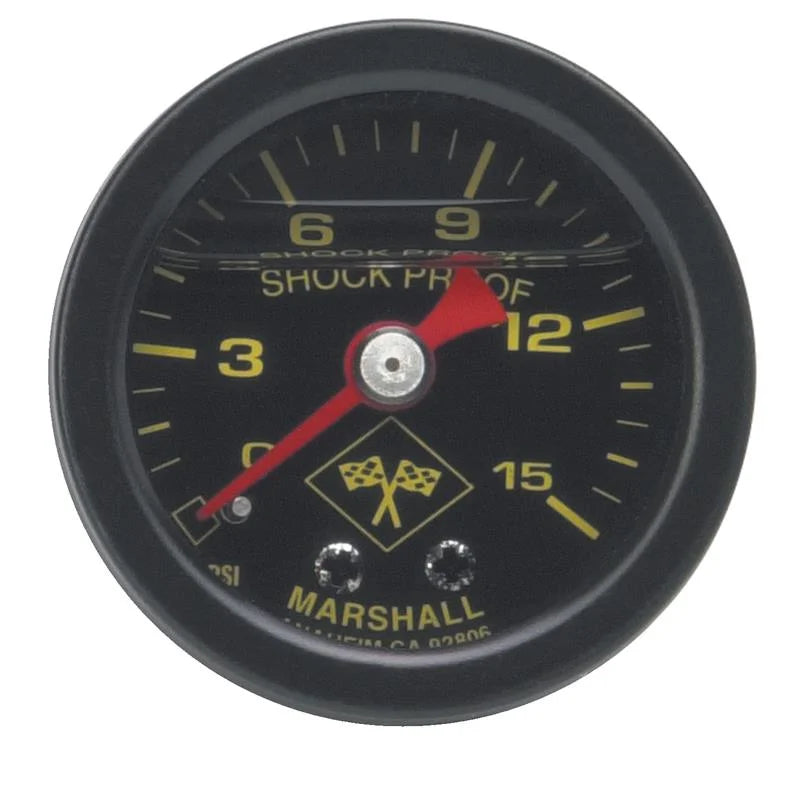 Russell Performance 15 psi fuel pressure gauge black face and case (Liquid-filled) - Side View
