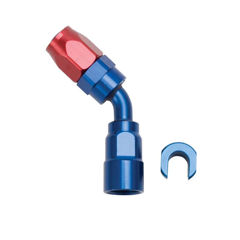 Russell Performance 5/16in SAE Quick Disc Female to -6 Hose Red/Blue 45 Degree Hose End - Side View