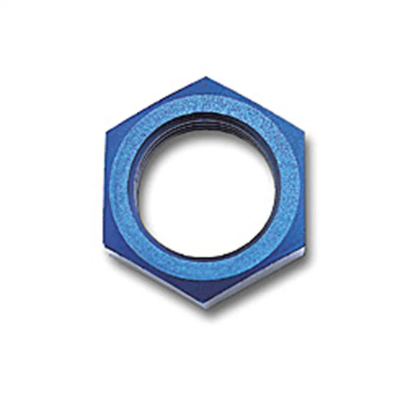 Russell Performance -6 AN Bulkhead Nuts 9/16in -18 Thread Size (Blue) - Side View