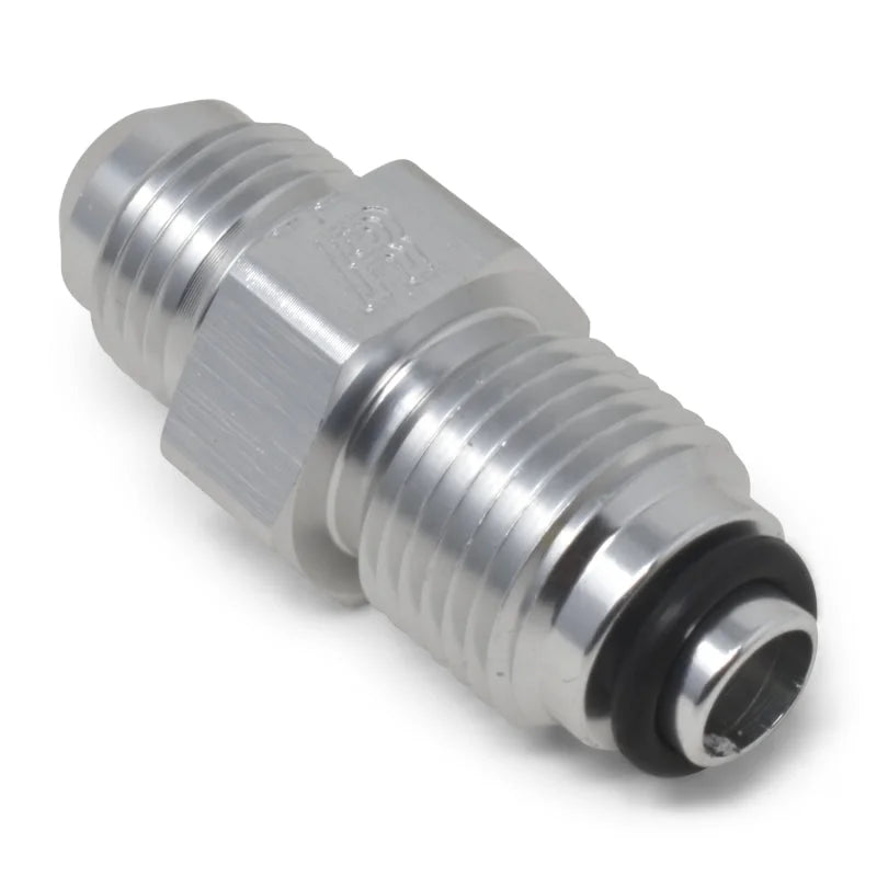 Russell Performance -6 AN (male to 11/16in-18 O-ring seal) Power Steering Adapter. Clear anodized - Side View