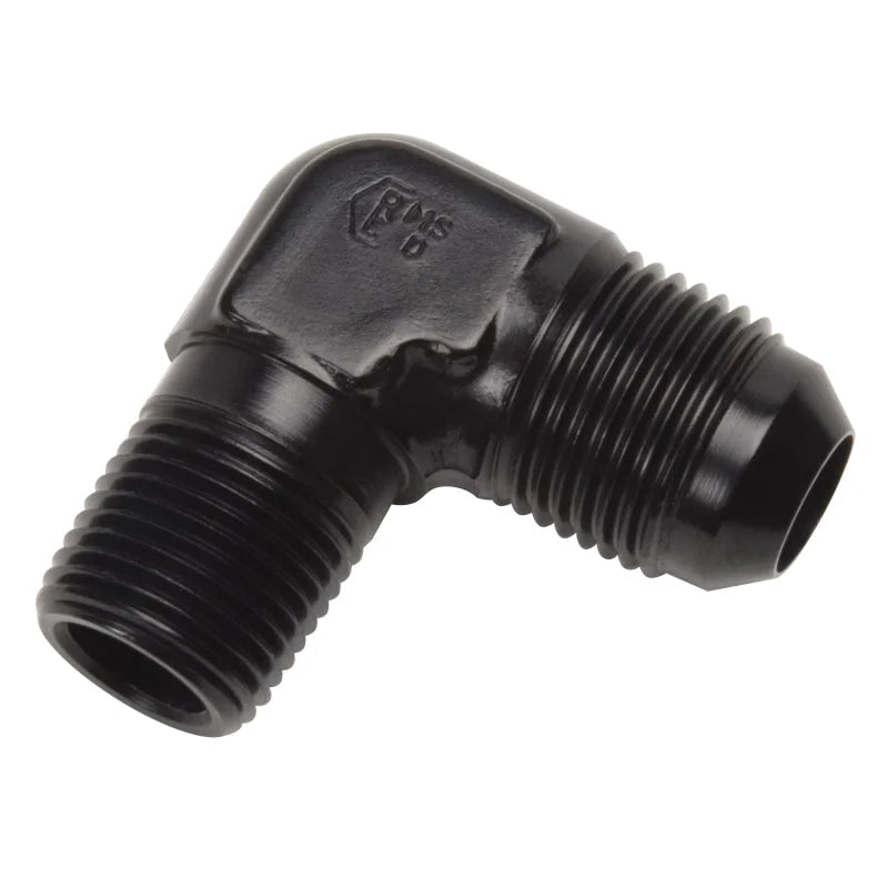 Russell Performance -6 AN to 1/4in NPT 90 Degree Flare to Pipe Adapter (Black) - Side View