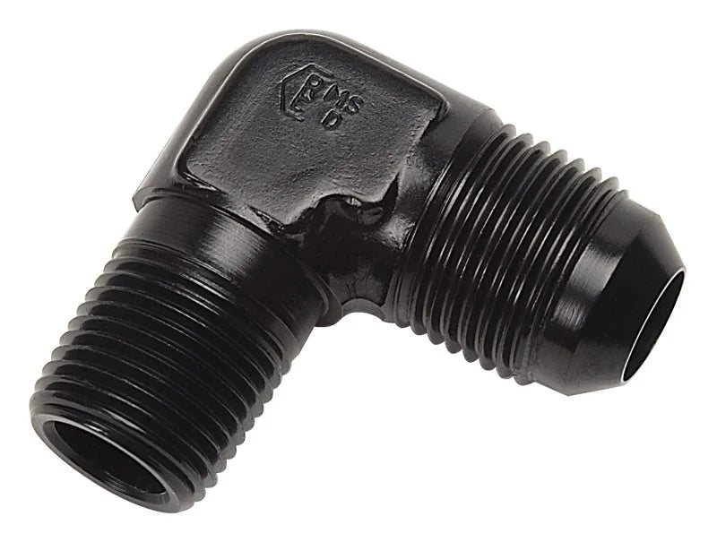 Russell Performance -6 AN to 1/8in NPT 90 Degree Flare to Pipe Adapter (Black) - Side View