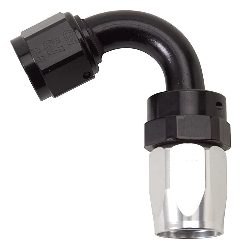 Russell Performance -8 AN Black/Silver 120 Degree Tight Radius Full Flow Swivel Hose End - Side View