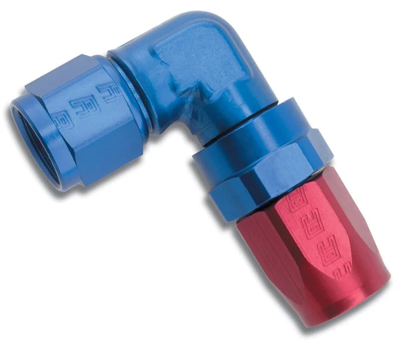 Russell Performance -8 AN Red/Blue 90 Degree Forged Aluminum Swivel Hose End - Back View