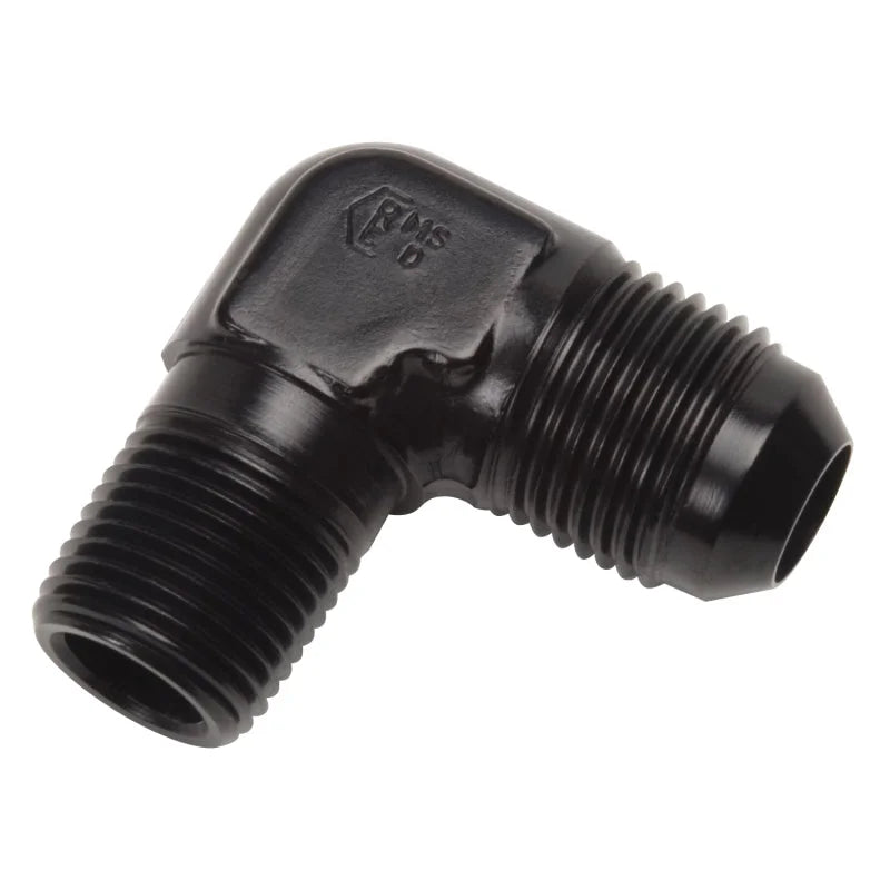 Russell Performance -8 AN to 3/8in NPT 90 Degree Flare to Pipe Adapter (Black) - Side View