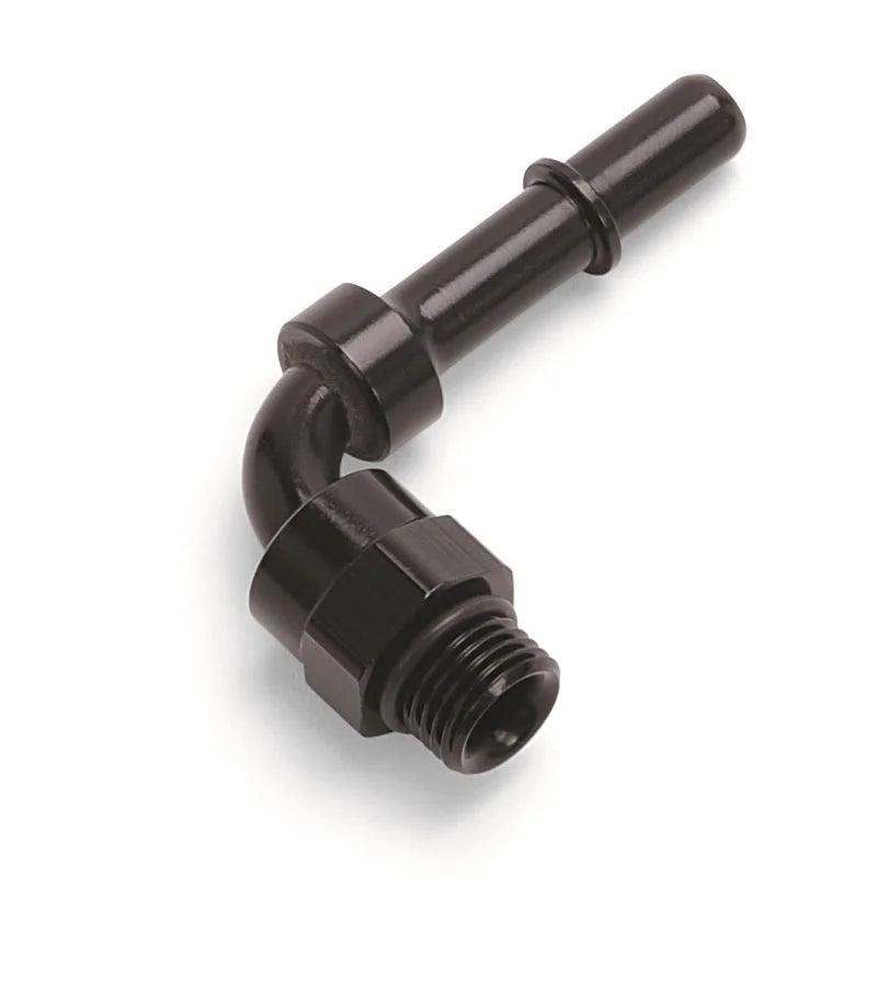 Russell Performance Adpt Fitting 3/8in SAE Qck Dis Male to #8 SAE Port Male Swvl End 90 Deg Blk Anod - Side View
