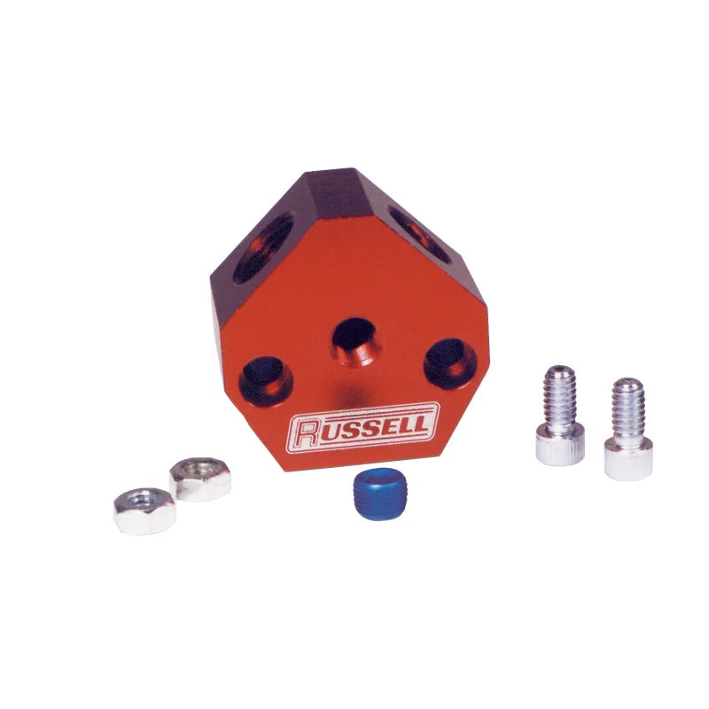 Russell Performance Billet Aluminum Y-Block w/ 3/8in inlet & outlet - Back View