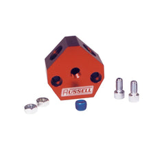 Load image into Gallery viewer, Russell Performance Billet Aluminum Y-Block w/ 3/8in inlet &amp; outlet - Back View