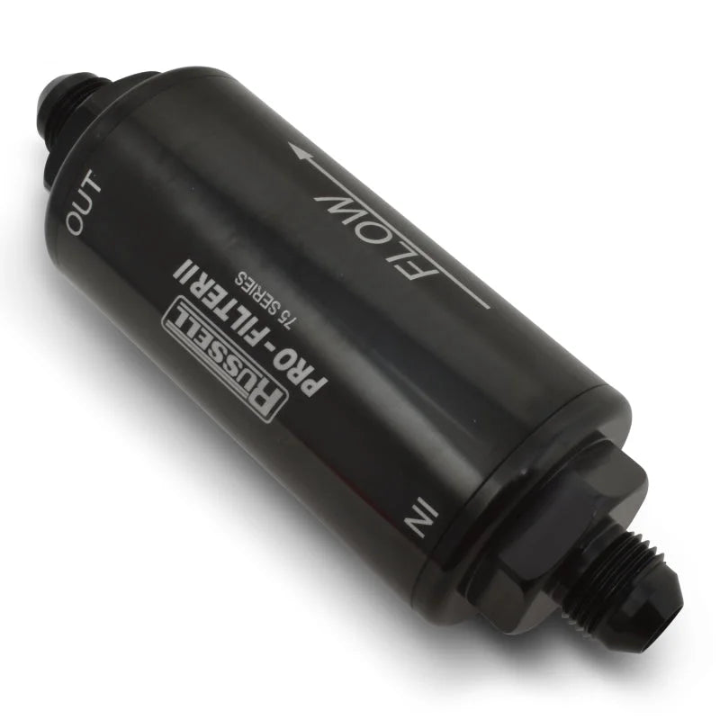 Russell Performance Profilter Fuel Filter 6.25in Long 10 Micron -6AN Inlet -10AN Outlet - Black - Side View