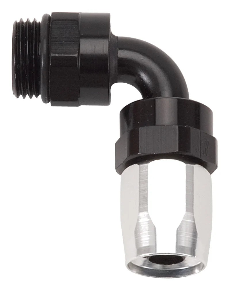 Russell Performance Swivel Hose End Assy #10 AN Male SAE Port to #8 Hose 90 Deg Clr/Blk Anodized - Back View