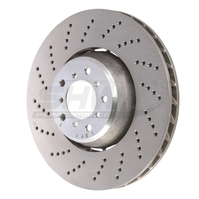 SHW 06-10 BMW M5 5.0L Left Front Cross-Drilled Lightweight Brake Rotor (34112282805) - Side View